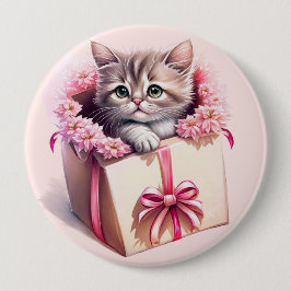 愛らしい子猫を箱に入れた誕生日 缶バッジ