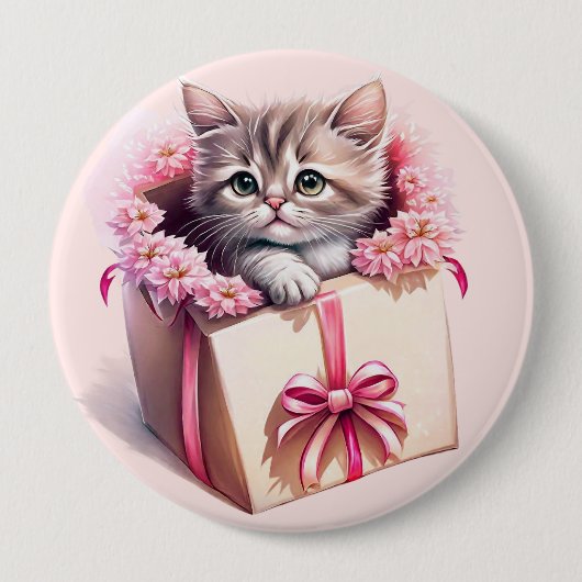 愛らしい子猫を箱に入れた誕生日 缶バッジ (正面)