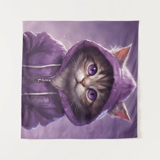 愛らしい子猫を紫のフード付きスウェットシャツ タペストリー (正面(横))
