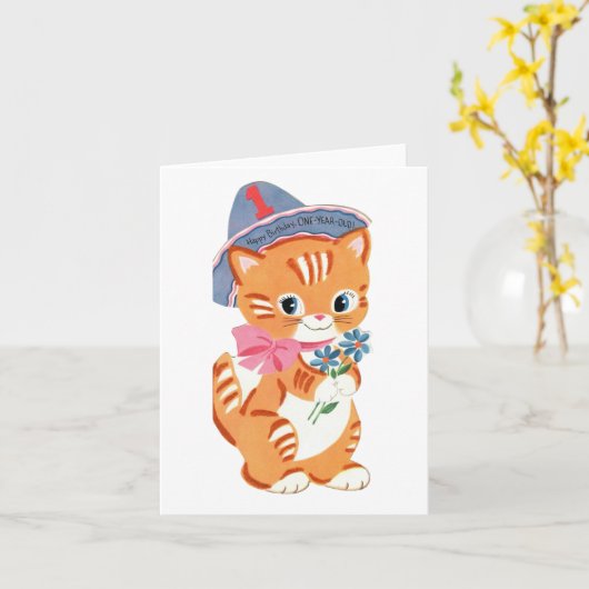 愛らしい子猫1歳の誕生日 カード (黄色い花)