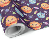 愛らしい宇宙デザイン笑顔の惑星と射撃、 発砲 ラッピングペーパー (ロールコーナー)