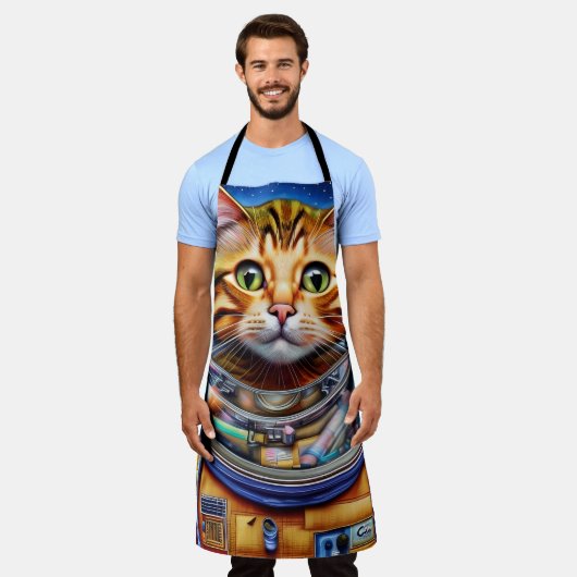 愛らしい宇宙猫抽象芸術アート エプロン (着用した状態)