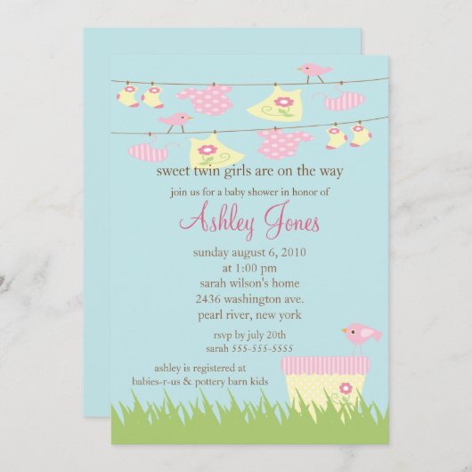 愛らしい対の女の子のClotheslineのベビーシャワー 招待状 (正面/裏面)