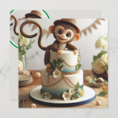 愛らしい小さなサルをテーマにしたお誕生日ケーキ 招待状 (正面/裏面)