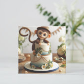 愛らしい小さなサルをテーマにしたお誕生日ケーキ 招待状 (スタンド正面)