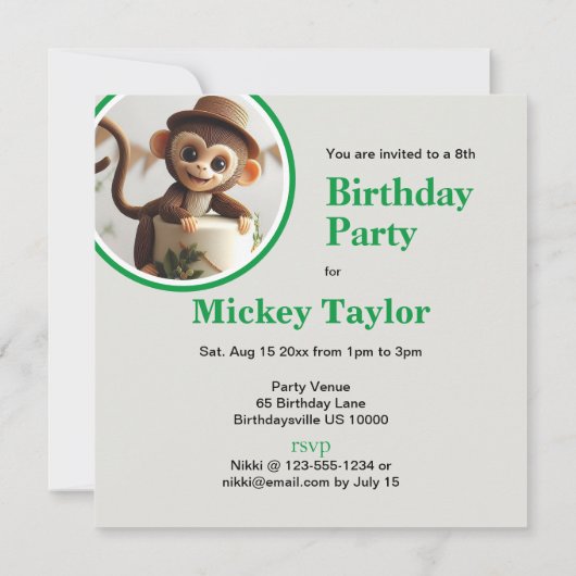 愛らしい小さなサルをテーマにしたお誕生日ケーキ 招待状 (裏面)