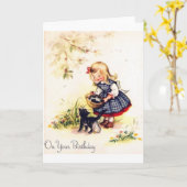 愛らしい小さな女の子と子猫誕生日カード カード (黄色い花)