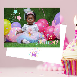 愛らしい小さな女の子のフォトフラット誕生日カード サンキューカード