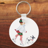 愛らしい小さな女の子スケートで滑るオンアイアンドドッグ キーホルダー (正面)