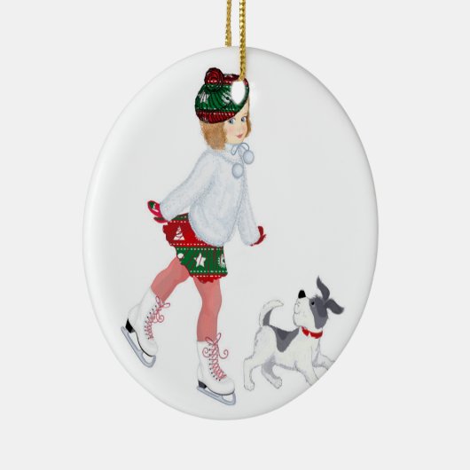 愛らしい小さな女の子スケートで滑るオンアイアンドドッグ セラミックオーナメント (右)
