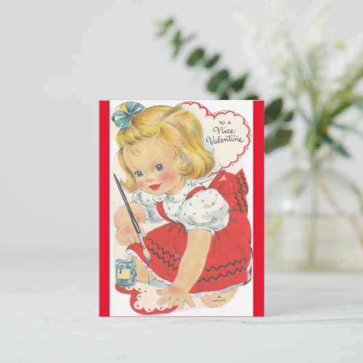 愛らしい小さな女の子絵画のバレンタインデー ポストカード (スタンド正面)