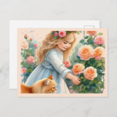 愛らしい小さな女の子選びバラ猫 ポストカード (正面/裏面)