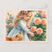愛らしい小さな女の子選びバラ猫 ポストカード (正面)