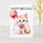 愛らしい小さな子ネコハッピーバースデー カード (黄色い花)