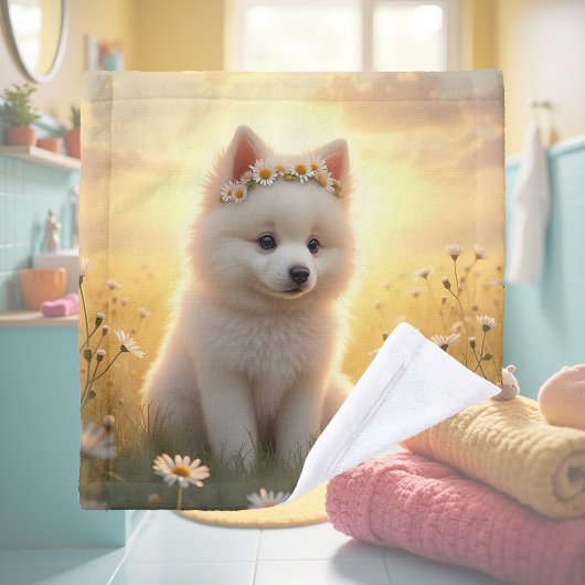 愛らしい小さな白いスピッツの子犬 ウォッシュタオル