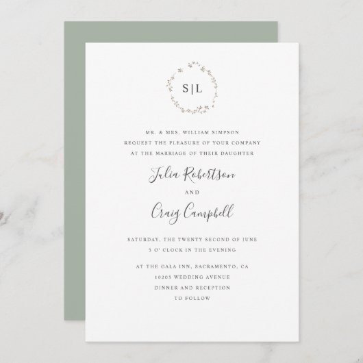 愛らしい小さな緑の葉　フォーマルなイニシャル入りウェディング 招待状 (正面/裏面)