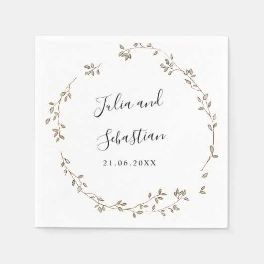 愛らしい小さな緑葉の結婚モノグラム スタンダードカクテルナプキン (正面)