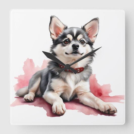 愛らしい小さなKLEE KAI子犬 スクエア壁時計 (正面)
