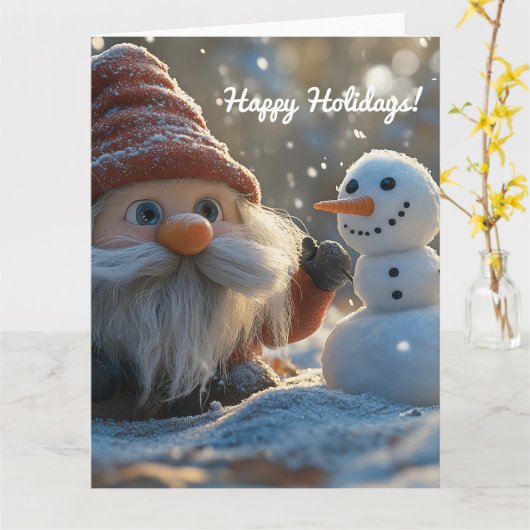 愛らしい小人と雪だるまの冬の幻想世界 カード (黄色い花)