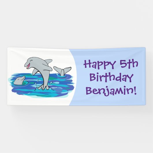 愛らしい幸せなイルカのパーソナライズされた誕生日 横断幕 (横)