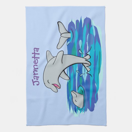 愛らしい幸福なイルカの漫画パーソナライズされた キッチンタオル (縦)