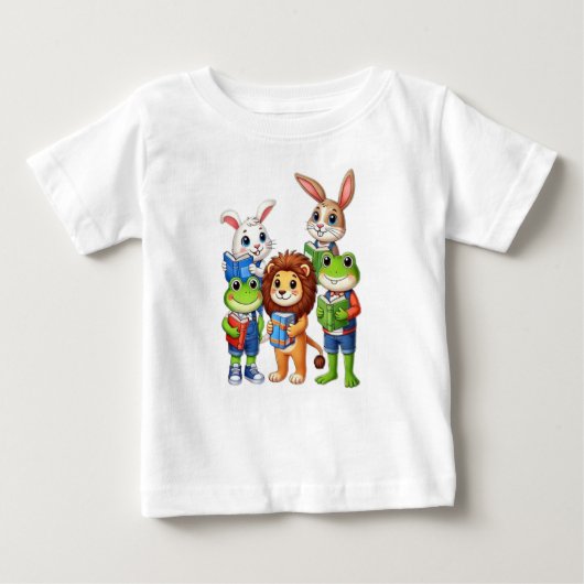 愛らしい幼児：ブックワームのための本を持つ動物 ベビーTシャツ (正面)
