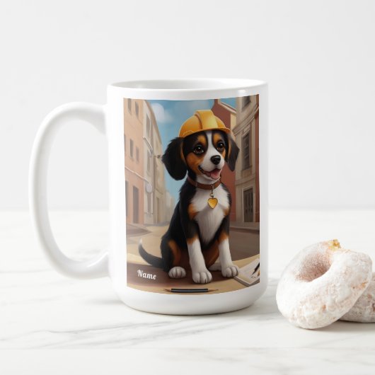 愛らしい建築ワーカードッグかわいい子犬アート コーヒーマグカップ (ドーナツ)