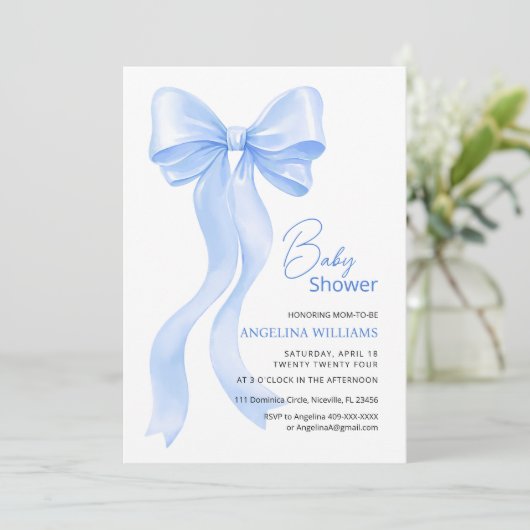 愛らしい弓のベビーシャワー招待状。 招待状 (スタンド正面)