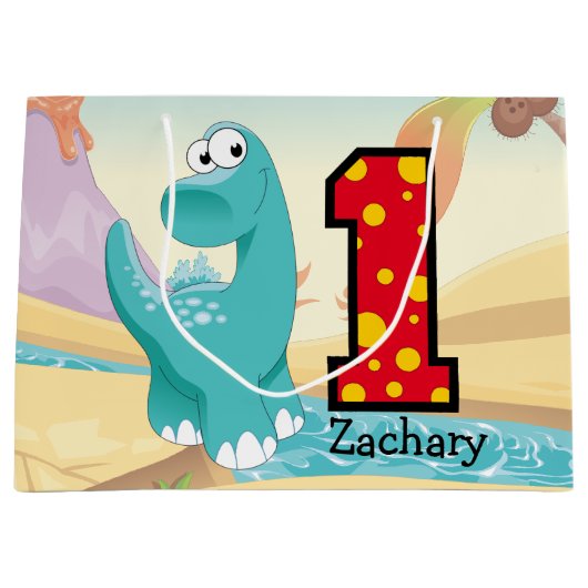 愛らしい恐竜の第1誕生会のカスタム ラージペーパーバッグ (正面)