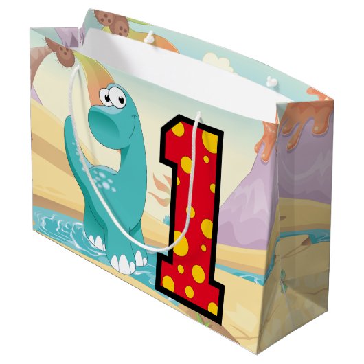 愛らしい恐竜の第1誕生会のカスタム ラージペーパーバッグ (裏面アングル)