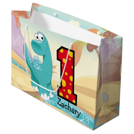 愛らしい恐竜の第1誕生会のカスタム ラージペーパーバッグ (正面アングル)