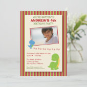 愛らしい恐竜の誕生日パーティー招待状(赤) 招待状 (スタンド正面)