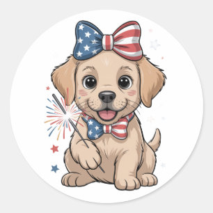愛らしい愛国的な子犬7月の4日お祝い ラウンドシール