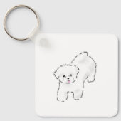 愛らしい手描きのふわふわ白い子犬が舌を出している キーホルダー (正面)