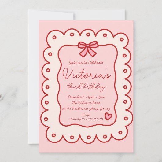 愛らしい手描きのリボン誕生日 招待状 (正面)