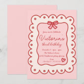 愛らしい手描きのリボン誕生日 招待状 (正面/裏面)