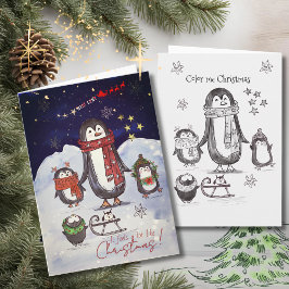 愛らしい手描きペンギンの家族 クリスマスカード