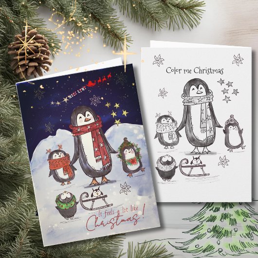 愛らしい手描きペンギンの家族 クリスマスカード