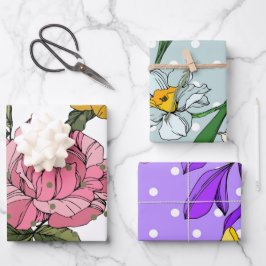 愛らしい手描き花紫ブルーピンク ラッピングペーパーシート