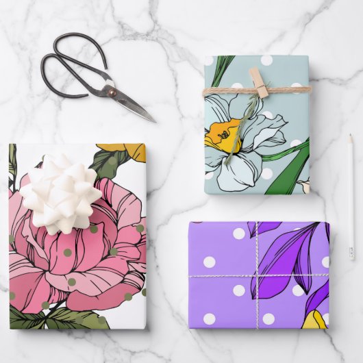 愛らしい手描き花紫ブルーピンク ラッピングペーパーシート (正面)