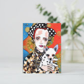 愛らしい斑点のある犬を連れた女性 ポストカード (スタンド正面)