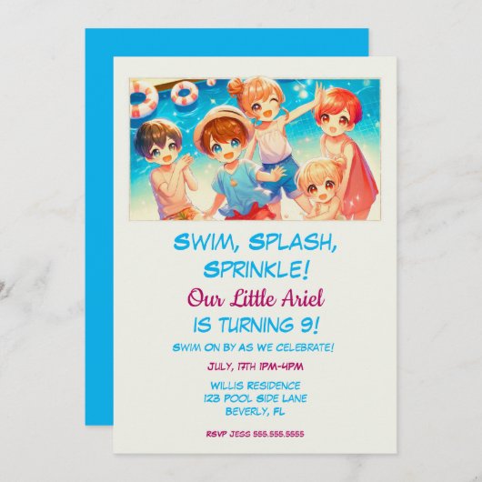 愛らしい日本のアニメキッズプール誕生日パーティー 招待状 (正面/裏面)