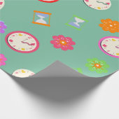 愛らしい時計と花の緑のパーティー ラッピングペーパー (角)