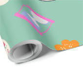 愛らしい時計と花の緑のパーティー ラッピングペーパー (ロールコーナー)