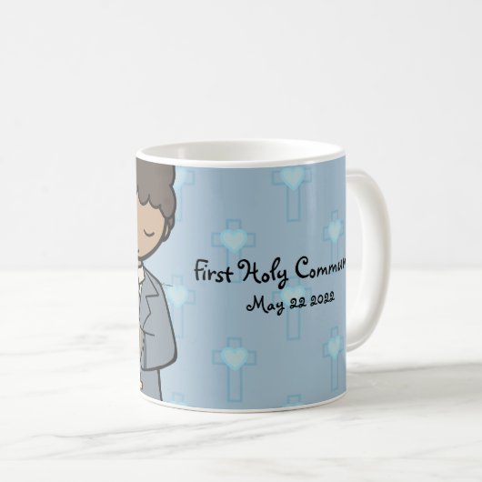 愛らしい最初の聖餐式の少年の青い名前 コーヒーマグカップ (正面右)