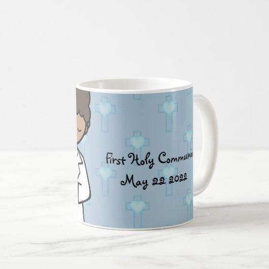 愛らしい最初の聖餐式の少年の青い名前 コーヒーマグカップ (正面右)