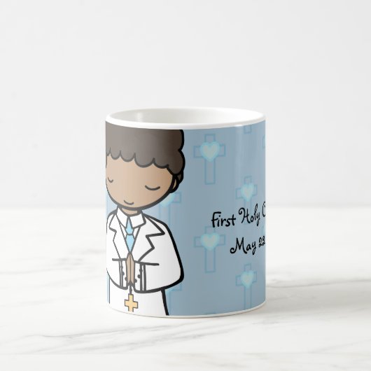 愛らしい最初の聖餐式の少年の青い名前 コーヒーマグカップ (中央)