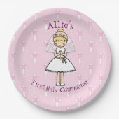 愛らしい最初の聖餐式ブロンドの女の子の名前 ペーパープレート (正面)