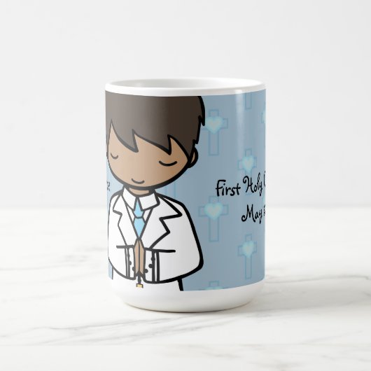 愛らしい最初聖餐式の男の子の青の名前 モーフィングマグカップ (中央)