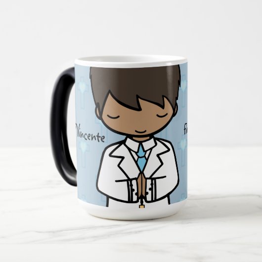 愛らしい最初聖餐式の男の子の青の名前 モーフィングマグカップ (正面左)